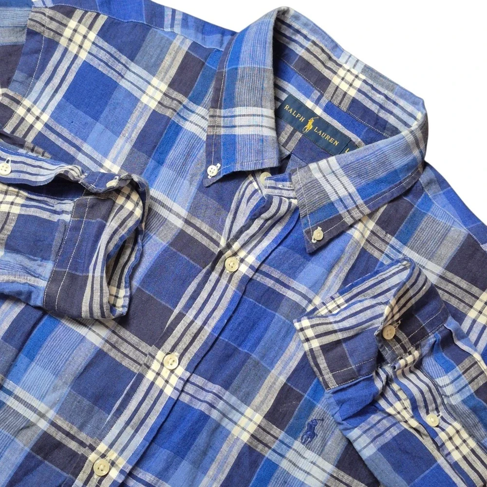 Ralph Lauren Men's L‎ Linen Plaid Button Down Shirt Blue Preppy